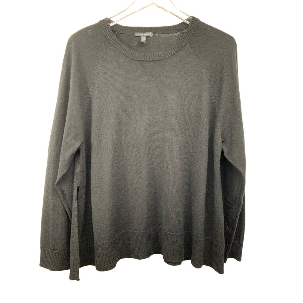 Eileen Fisher S/P Black Sweater Side Slits Italian Yarn Long Sleeve